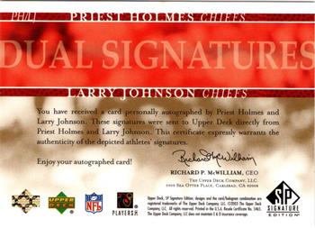 2003 SP Signature Edition - Dual Autographs #PHLJ Priest Holmes / Larry Johnson Back