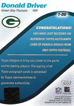 2003 Topps - Autographs #T-DD Donald Driver Back
