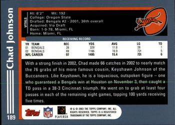 2003 Topps - Topps Collection #189 Chad Johnson Back
