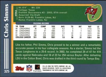 2003 Topps - Topps Collection #325 Chris Simms Back