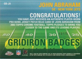 2003 Topps Chrome - Gridiron Badges Jerseys #GB-JA John Abraham Back