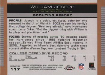 2003 Topps Draft Picks & Prospects - Chrome Gold Refractors #117 William Joseph Back