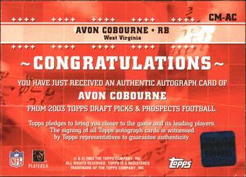 2003 Topps Draft Picks & Prospects - Class Marks Autographs #CM-AC Avon Cobourne Back