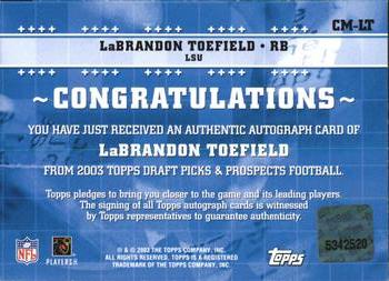 2003 Topps Draft Picks & Prospects - Class Marks Autographs #CM-LT LaBrandon Toefield Back