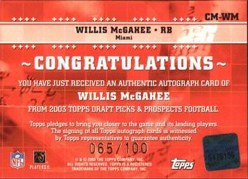 2003 Topps Draft Picks & Prospects - Class Marks Autographs Silver #CM-WM Willis McGahee Back