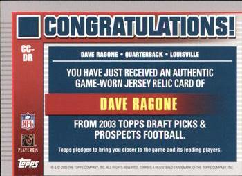 2003 Topps Draft Picks & Prospects - Collegiate Cuts #CC-DR Dave Ragone Back