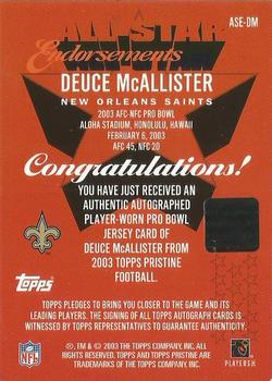 2003 Topps Pristine - All-Star Endorsements Jersey Autographs #ASE-DM Deuce McAllister Back