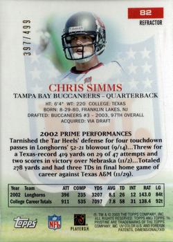 2003 Topps Pristine - Refractors #82 Chris Simms Back