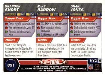 2003 Topps Total - Silver #351 Brandon Short / Mike Barrow / Dhani Jones Back