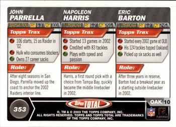 2003 Topps Total - Silver #353 Eric Barton / John Parrella / Napoleon Harris Back
