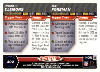 2003 Topps Total - Silver #392 Charlie Clemons / Jay Foreman Back