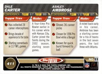 2003 Topps Total - Silver #411 Ashley Ambrose / Dale Carter Back