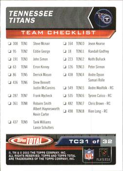 2003 Topps Total - Team Checklists #TC31 Steve McNair Back