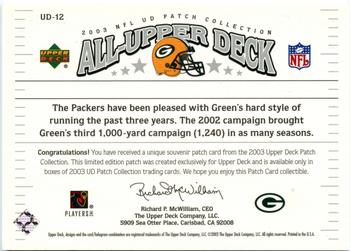 2003 UD Patch Collection - All Upper Deck Patches #UD-12 Ahman Green Back