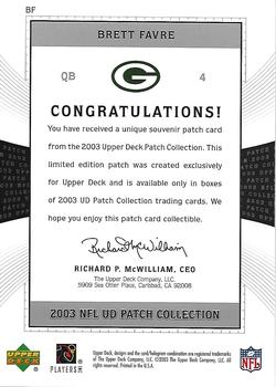 2003 UD Patch Collection - Jumbo Patches #BF Brett Favre Back