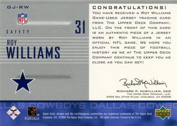2003 Upper Deck - UD Game Jerseys #GJ-RW Roy Williams Back