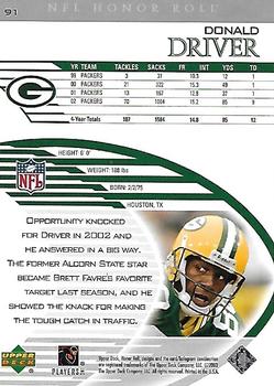 2003 Upper Deck Honor Roll - Silver #91 Donald Driver Back