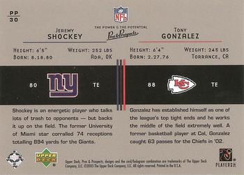 2003 Upper Deck Pros & Prospects - The Power and the Potential #PP30 Jeremy Shockey / Tony Gonzalez Back
