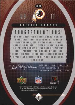 2003 Upper Deck Standing O - Swatches #SW-PR Patrick Ramsey Back