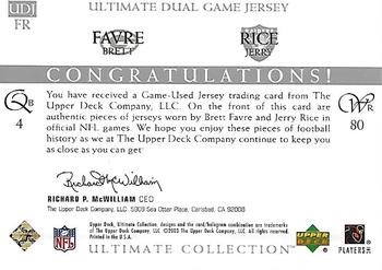 2003 Upper Deck Ultimate Collection - Ultimate Dual Game Jerseys #UDJFR Brett Favre / Jerry Rice Back