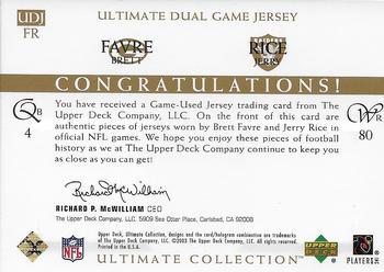 2003 Upper Deck Ultimate Collection - Ultimate Dual Game Jerseys Gold #UDJFR Brett Favre / Jerry Rice Back