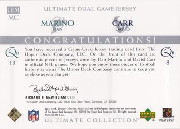 2003 Upper Deck Ultimate Collection - Ultimate Dual Game Jerseys Gold #UDJMC Dan Marino / David Carr Back