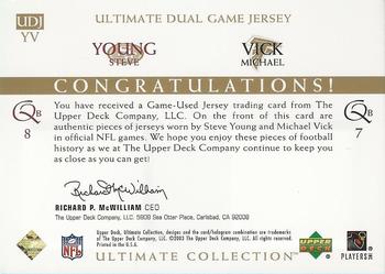 2003 Upper Deck Ultimate Collection - Ultimate Dual Game Jerseys Gold #UDJYV Steve Young / Michael Vick Back