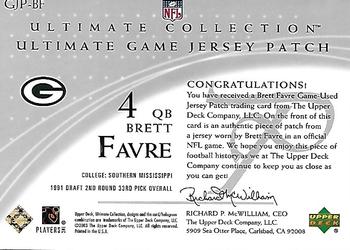 2003 Upper Deck Ultimate Collection - Ultimate Game Jersey Patches #GJP-BF Brett Favre Back