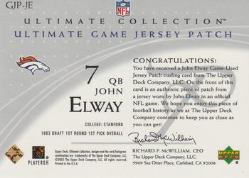 2003 Upper Deck Ultimate Collection - Ultimate Game Jersey Patches #GJP-JE John Elway Back