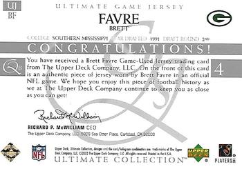 2003 Upper Deck Ultimate Collection - Ultimate Game Jerseys #UJBF Brett Favre Back