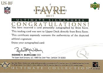 2003 Upper Deck Ultimate Collection - Ultimate Signatures Gold #US-BF Brett Favre Back