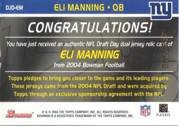 2004 Bowman - Draft Day Selections Relics #DJD-EM Eli Manning Back