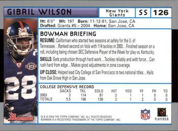 2004 Bowman - First Edition #126 Gibril Wilson Back