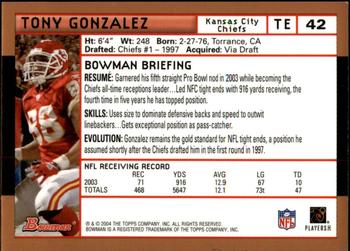 2004 Bowman - Gold #42 Tony Gonzalez Back