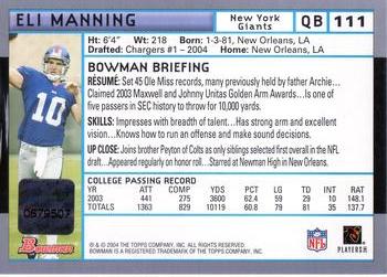 2004 Bowman - Rookie Autographs Blue #111 Eli Manning Back