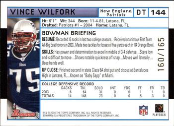 2004 Bowman - Uncirculated White #144 Vince Wilfork Back