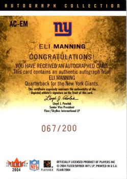 2004 Flair - Autograph Collection Bronze #AC-EM Eli Manning Back