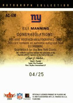 2004 Flair - Autograph Collection Gold Parchment #AC-EM Eli Manning Back