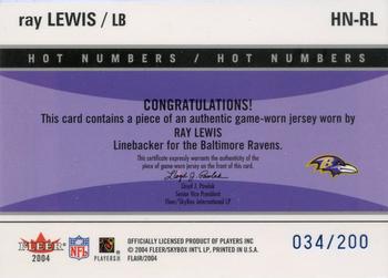 2004 Flair - Hot Numbers Game Used Blue #HN-RL Ray Lewis Back