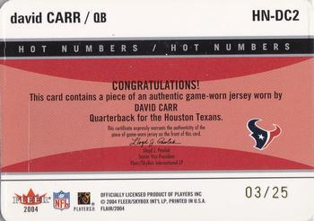2004 Flair - Hot Numbers Game Used Die Cut Patches #HN-DC2 David Carr Back