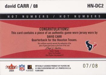 2004 Flair - Hot Numbers Game Used Gold Patches #HN-DC2 David Carr Back