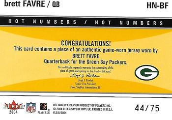 2004 Flair - Hot Numbers Game Used Silver Patches #HN-BF Brett Favre Back