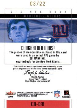 2004 Fleer E-X - Clearly Authentics Dual Patch Tan #CA-EM Eli Manning Back