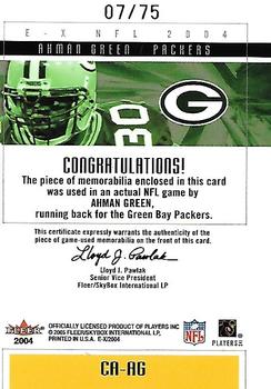 2004 Fleer E-X - Clearly Authentics Patch Silver #CA-AG Ahman Green Back
