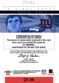 2004 Fleer E-X - Clearly Authentics Patch/Jersey Pewter #CA-EM Eli Manning Back