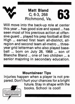 1990 West Virginia Mountaineers Program Cards #NNO Matt Bland Back