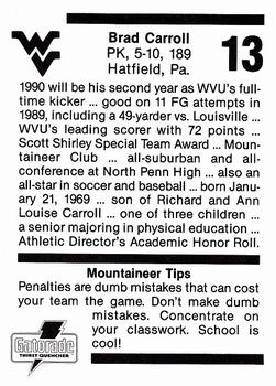 1990 West Virginia Mountaineers Program Cards #NNO Brad Carroll Back