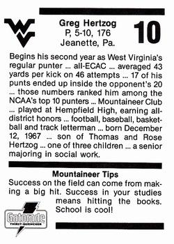 1990 West Virginia Mountaineers Program Cards #NNO Greg Hertzog Back