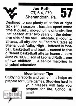 1990 West Virginia Mountaineers Program Cards #NNO Joe Ruth Back