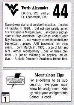1991 West Virginia Mountaineers Program Cards #1 Tarris Alexander Back